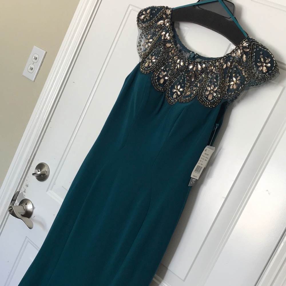 XSCAPE Deep Teal Rhinestone Neck Mermaid Gown 6